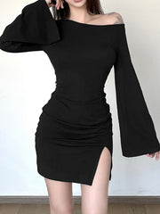 Asymmetric Bell Sleeve Ruched Mini Dress