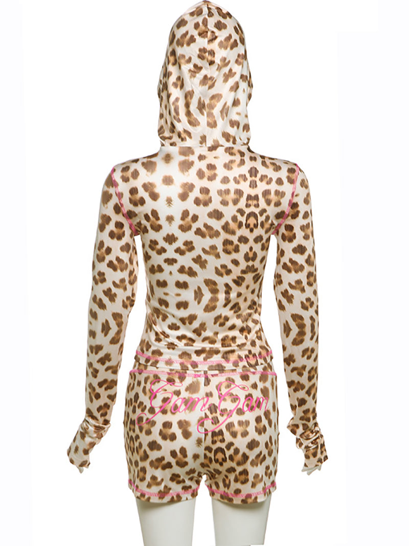 Fashion Leopard Print Hoodie Zipper Shorts Casual Set