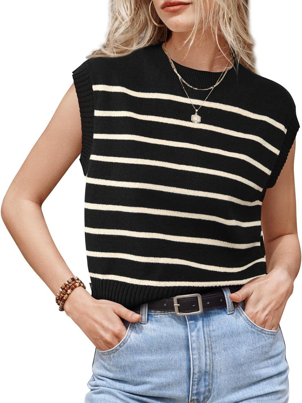 Fashion Sleeveless Stripe Knit Pullover