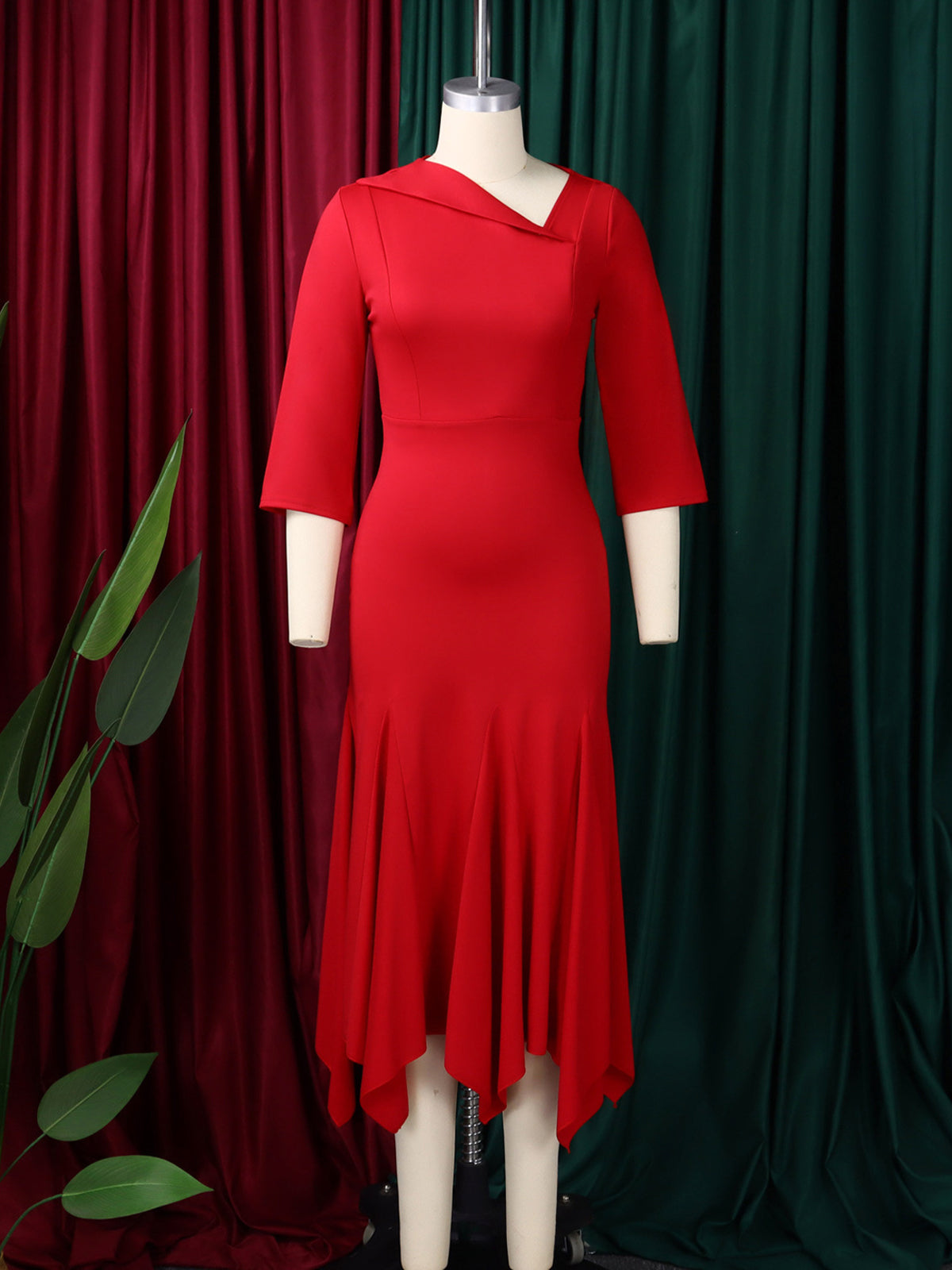Elegant Slanted Collar Slim Ruffles Midi Dress