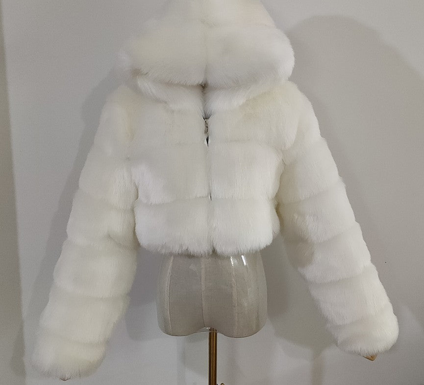 Hooded Tiered Faux Fur Cropped Jacket-boutique