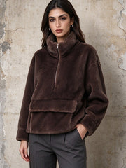Plush Half Zip Stand Collar Pullover-boutique