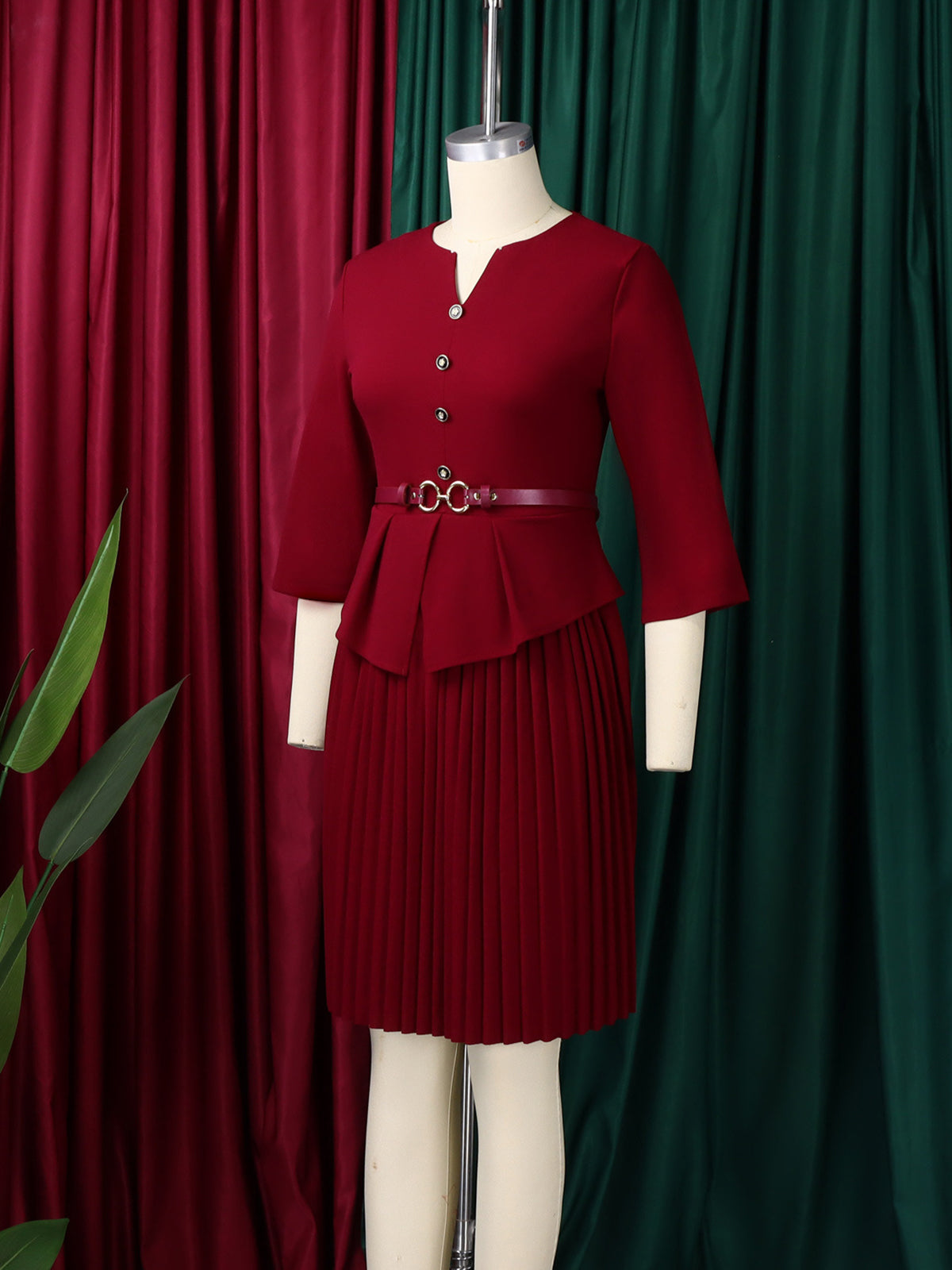 Elegant Belt Slim Pleated Midi Dress