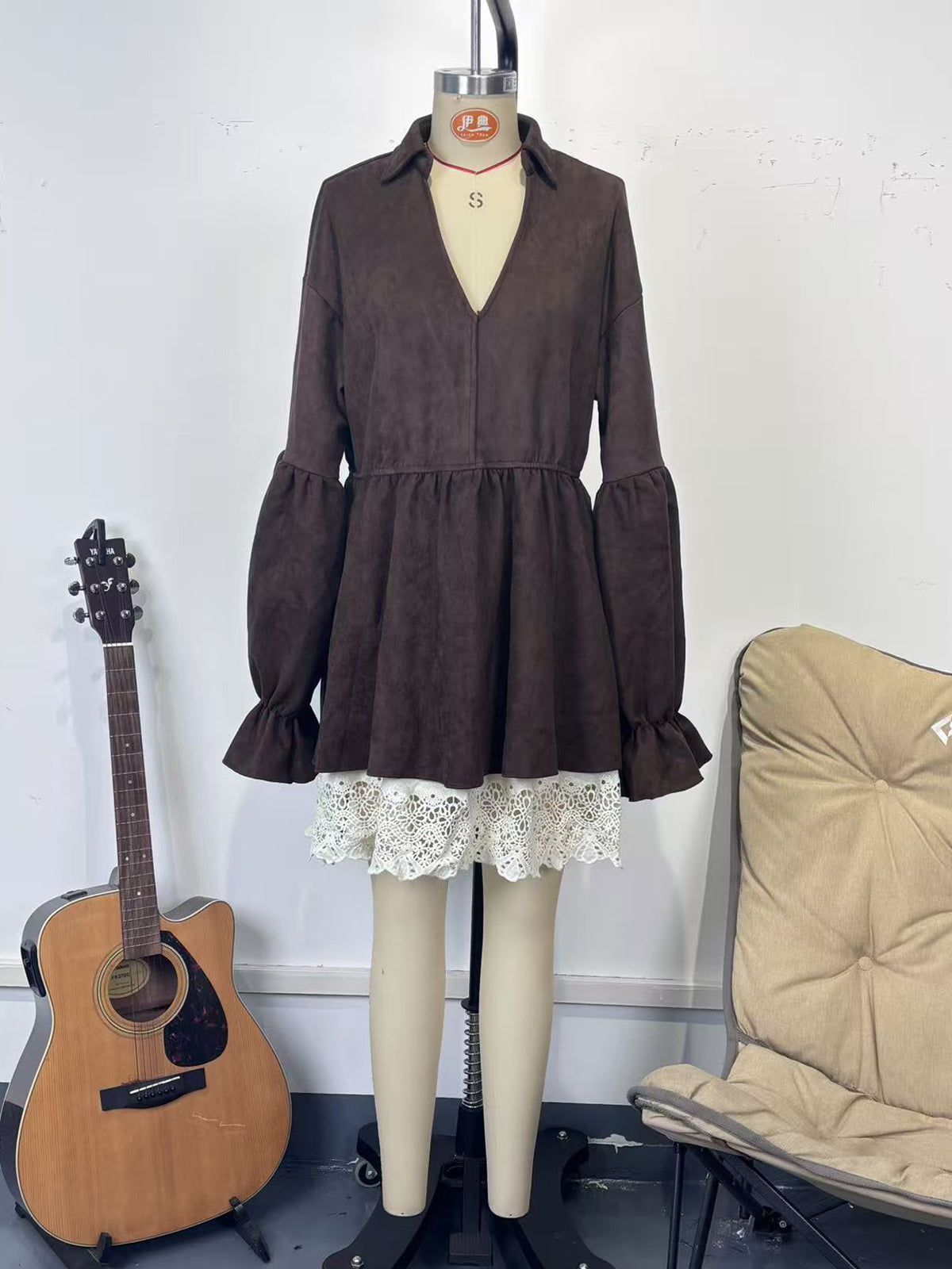 Fashion V Neck Puff Sleeve Lace Patchwork Slim Dress