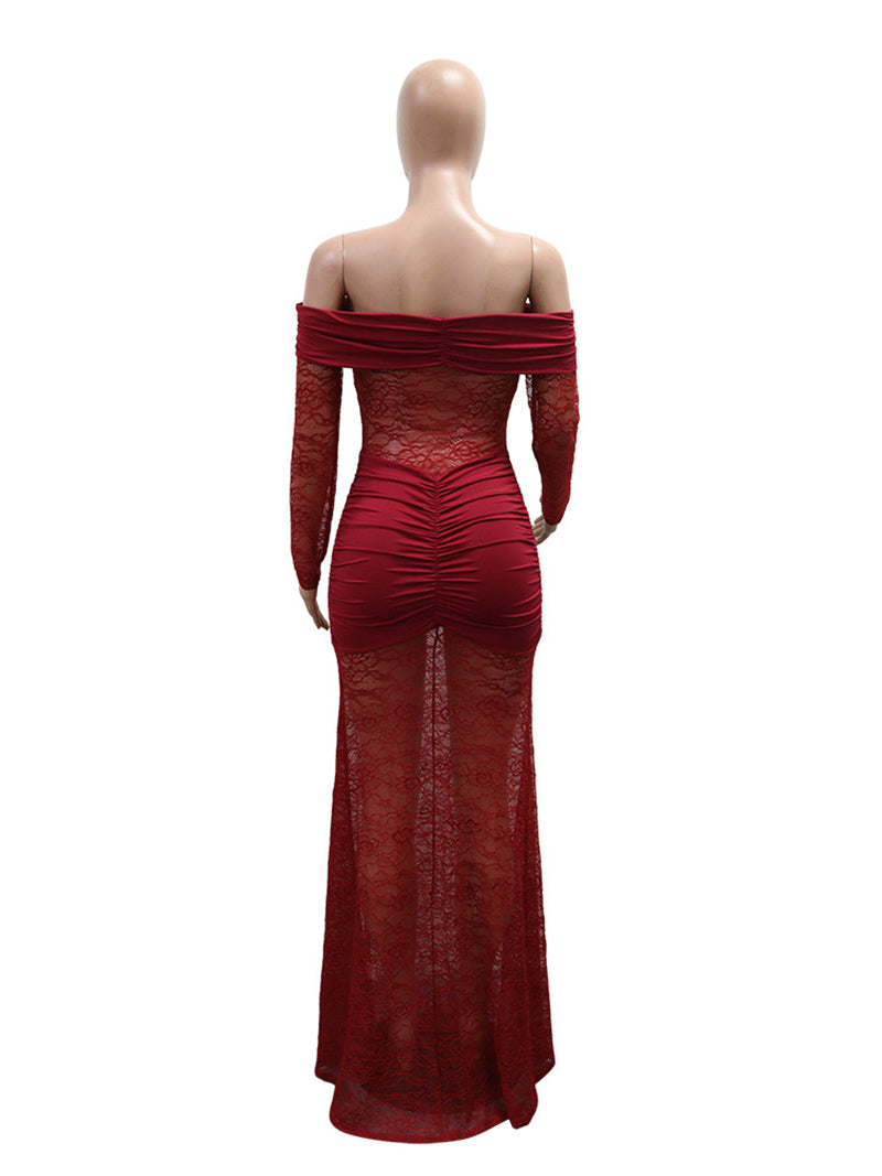 Sexy Off Shoulder Lace Ruched Maxi Dress