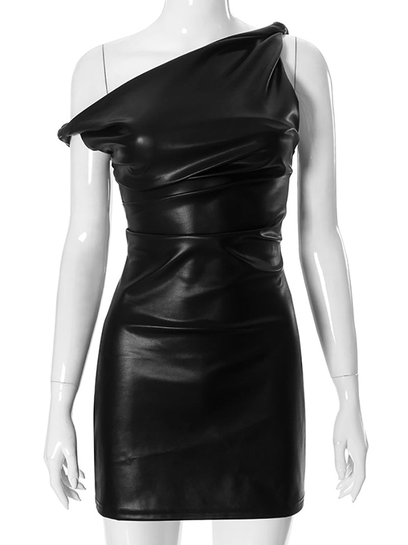 Faux Leather One Shoulder Ruched Mini Dress