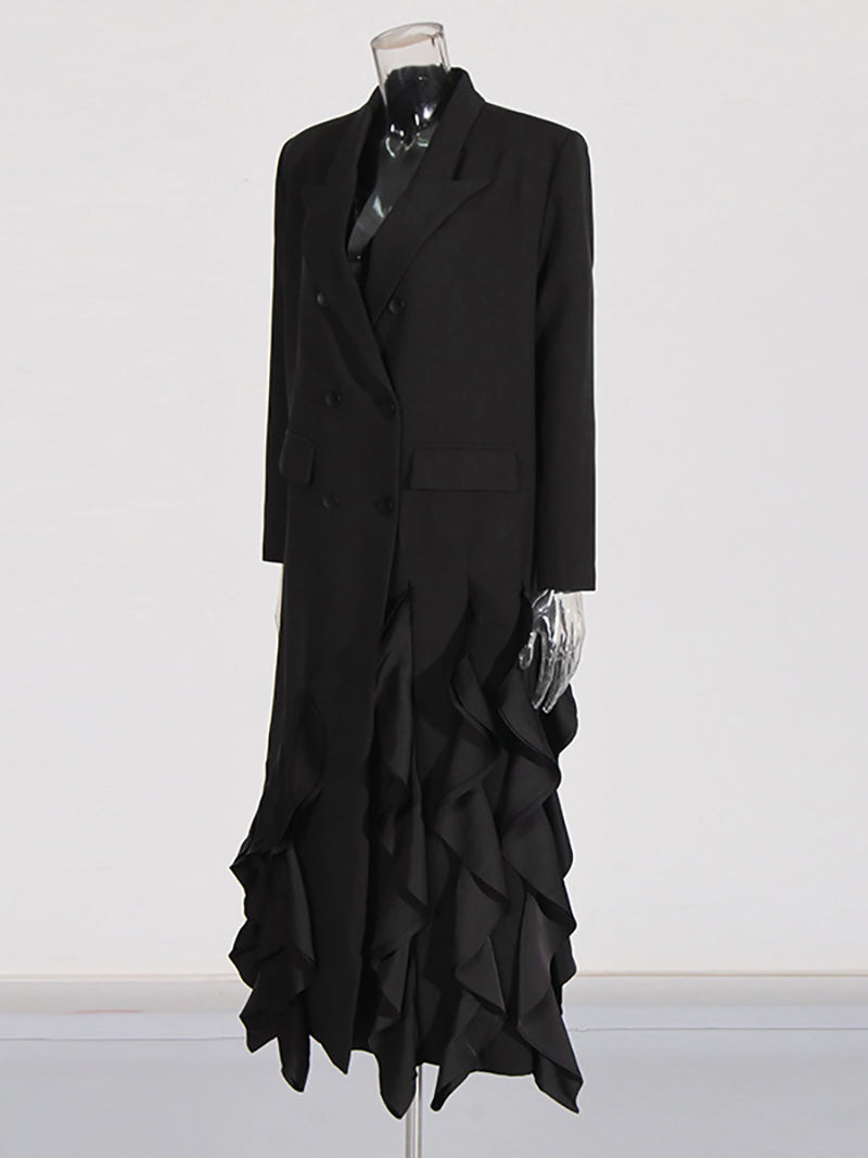 Solid Spliced Ruffles Loose Blazer Trench Coat