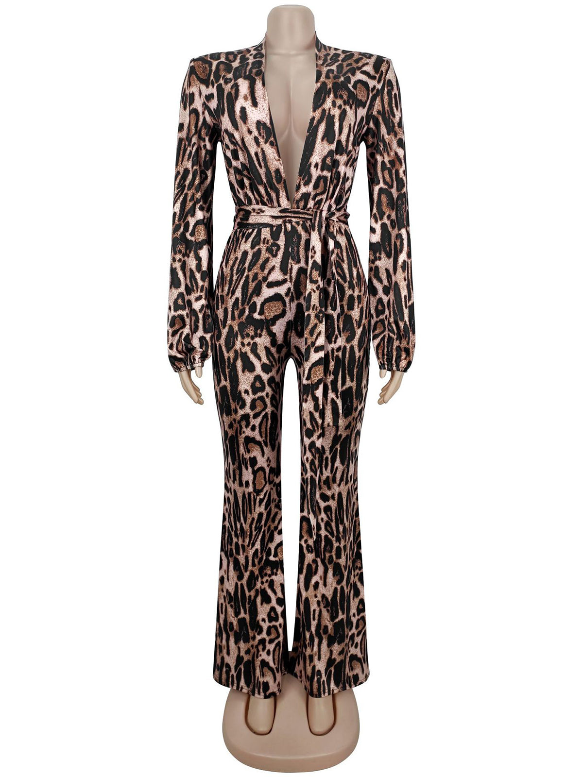 Fashion Deep V Leopard Print Cinched Waist Jumpsuits
