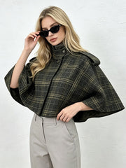 Plaid Stand Collar Cropped Cape Jacket-boutique
