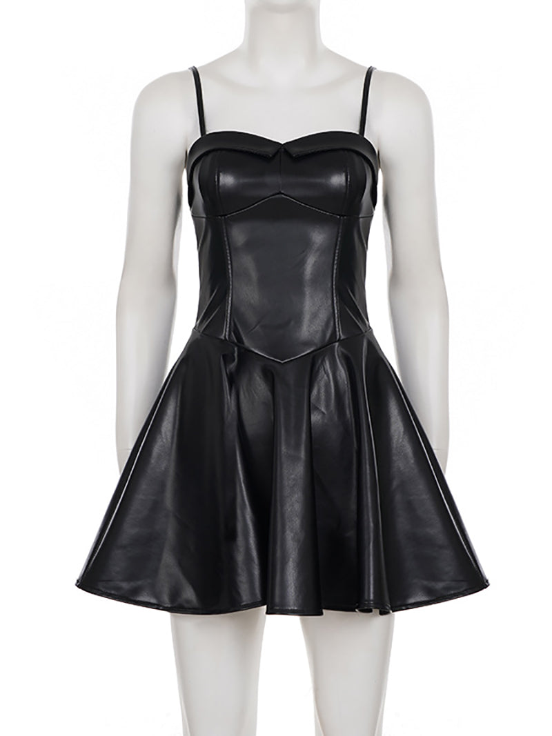 PU Leather Spaghetti Strap Pleated Mini Dress