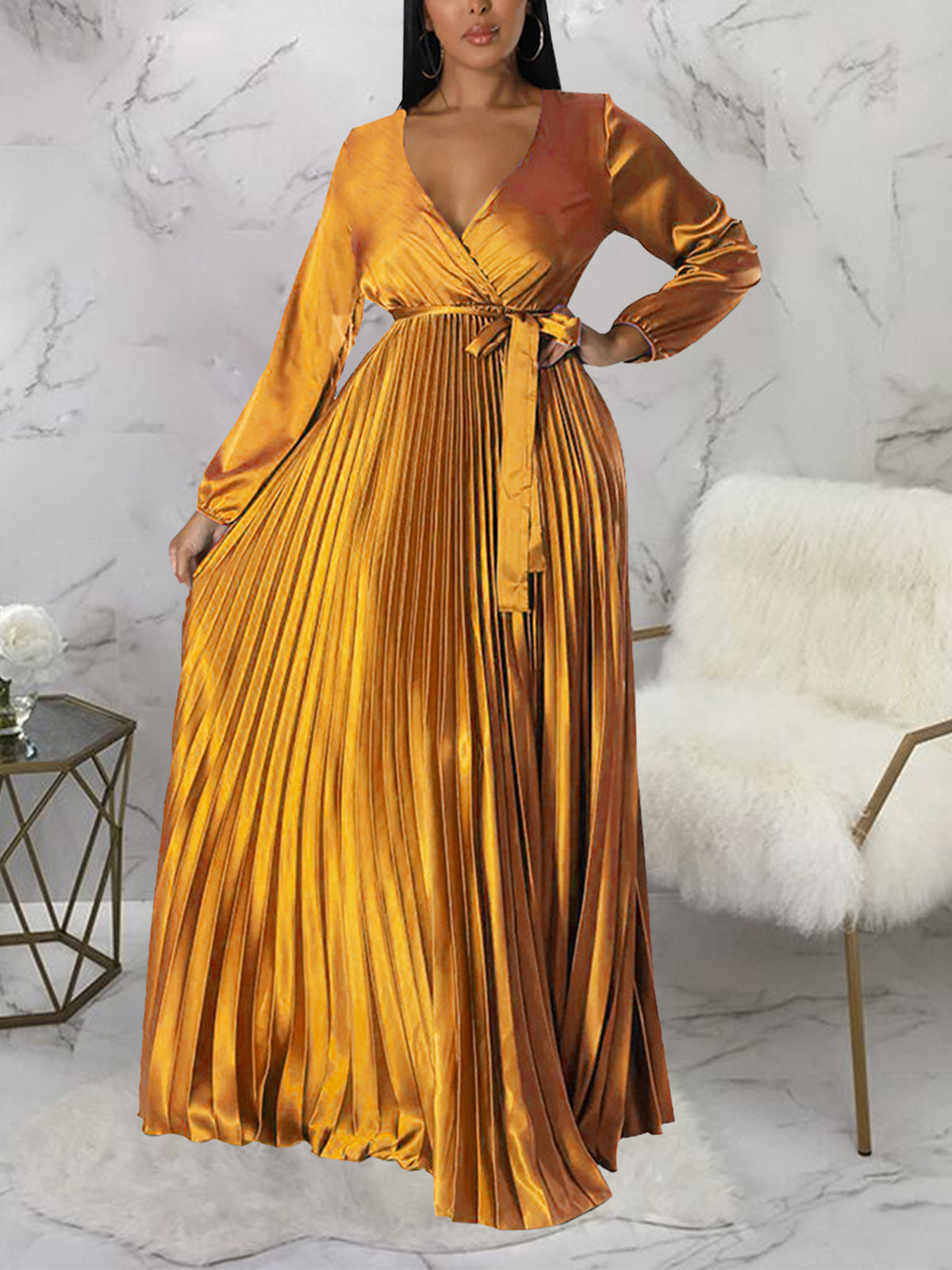 V Neck Cocktail Party Maxi Pleated Dress