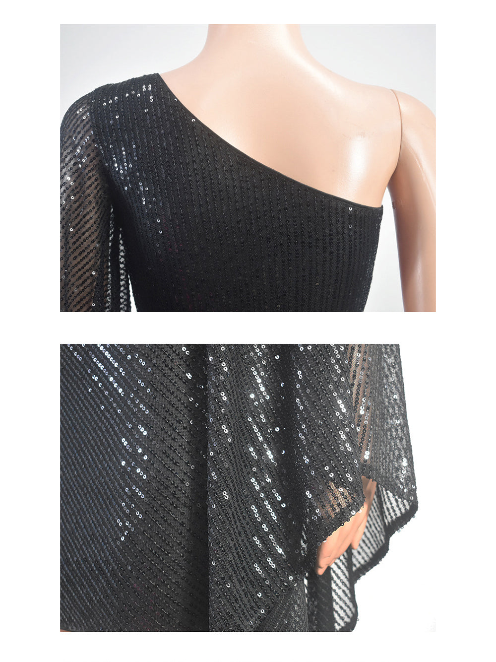 Slash Shoulder Sequin Mesh Bodycon Dress