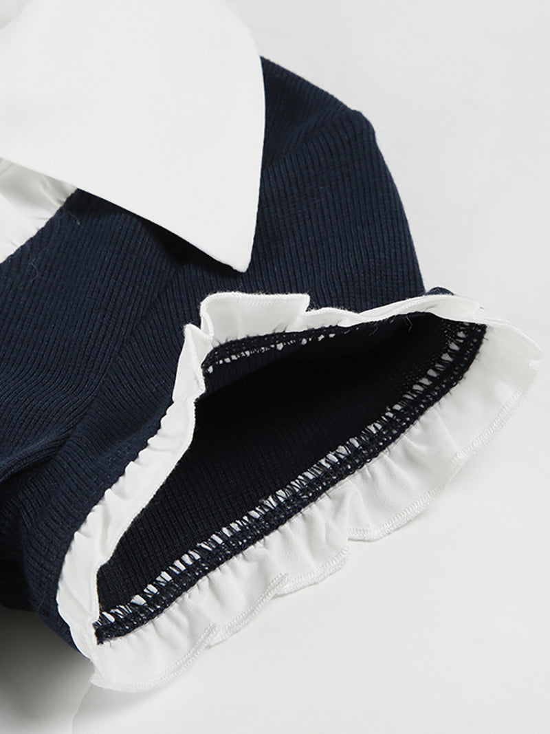 Casual Turn-down Collar Patchwork Pleated Dress