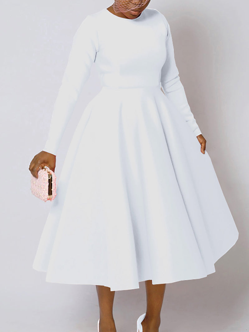 Elegant Round Collar Cinched Waist A-Line Dress