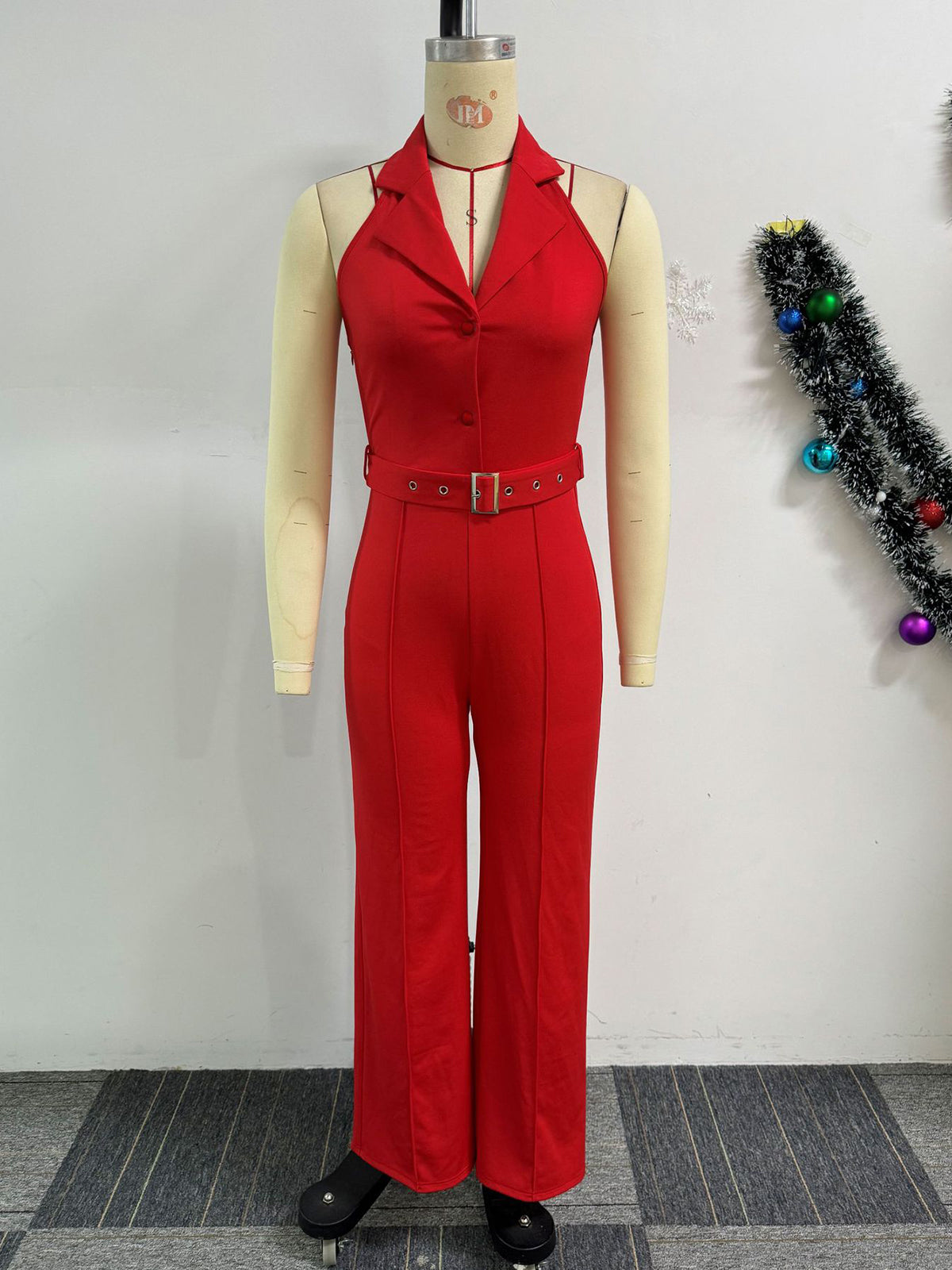 Turndown Collar Sleeveless Backless Slim Jumpsuits