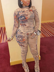 Mesh Print Crop Tops Tight Pants Clubwear Sets