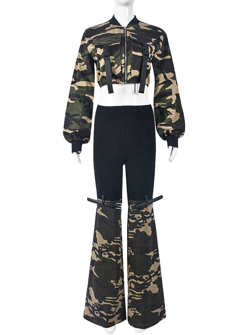 Camouflage Cropped Jacket And Pants Denim Set