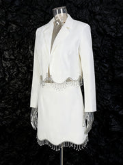 Fashion Cropped Fringe Blazer And Skirt Set