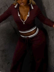 Casual Stripe Zipper Top Drawstring Pants Sports Sets