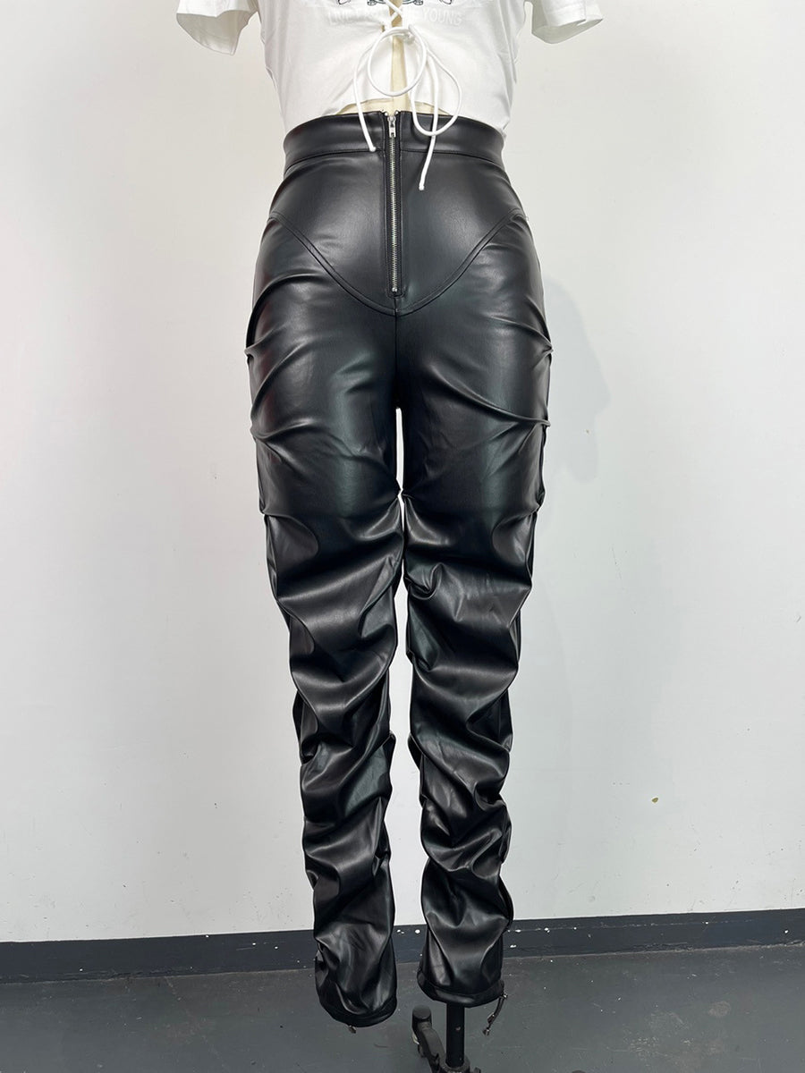 Casual PU Leather Ruched Pants