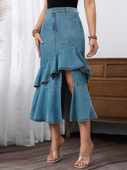 Fashion Ruffle Trim Split Hem Denim Skirt