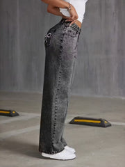 Bow Embroidered High Waist Wide Leg Jeans