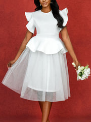 Fashion Ruffle Mesh Patchwork Mid Puffy Dress