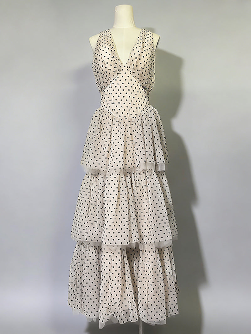 Elegant Halter Polka Dot Ruffle Maxi Dress
