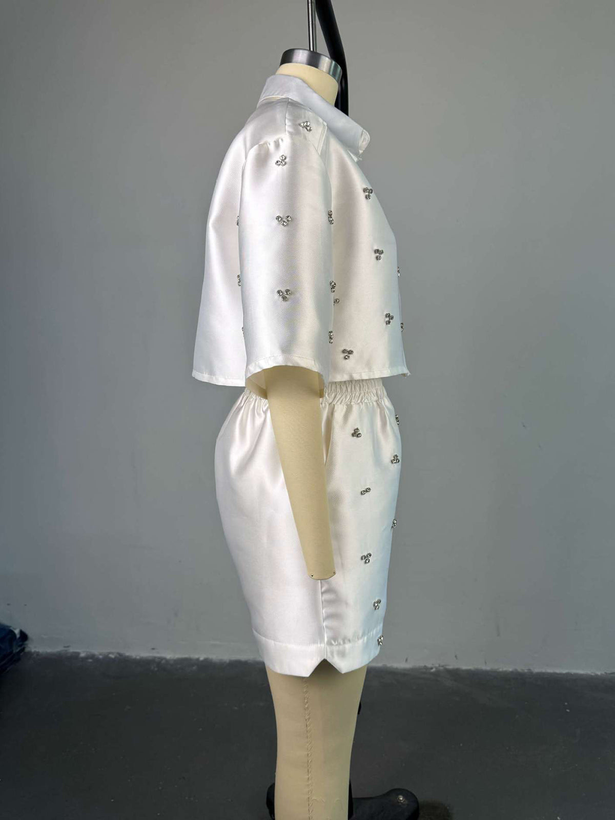 Casual Beading Turndown Collar Shorts Set