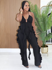 Halter V Neck Ruffle Wide Leg Jumpsuit
