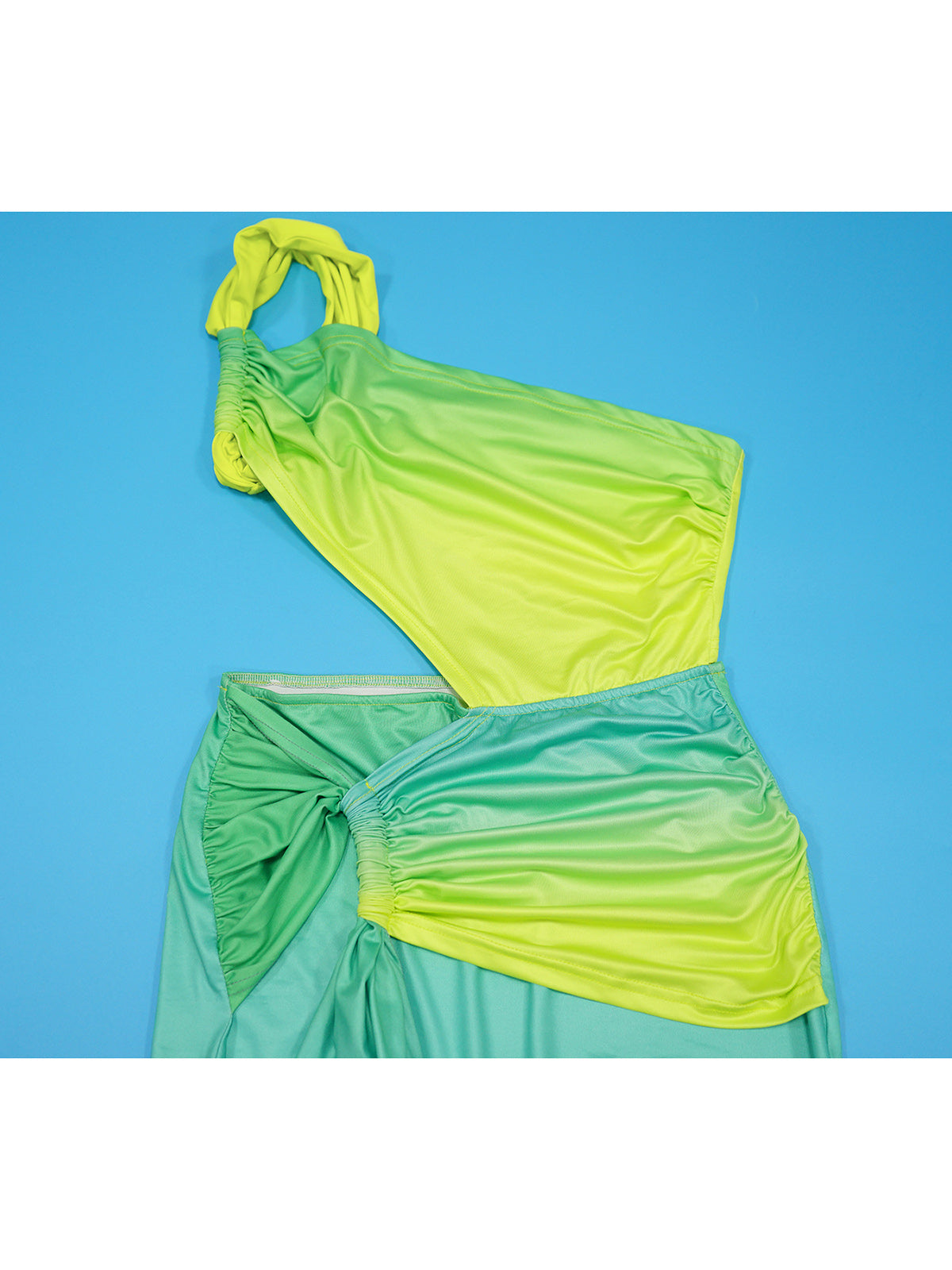 Gradient Color Cut Out Ruched Asymmetrical Maxi Dress
