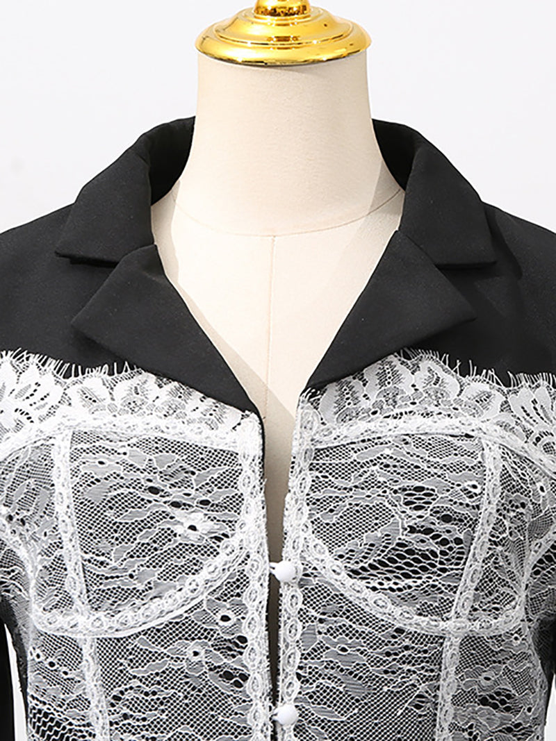 Fashion Lace Patchwork Buttoned Lapel Blazer