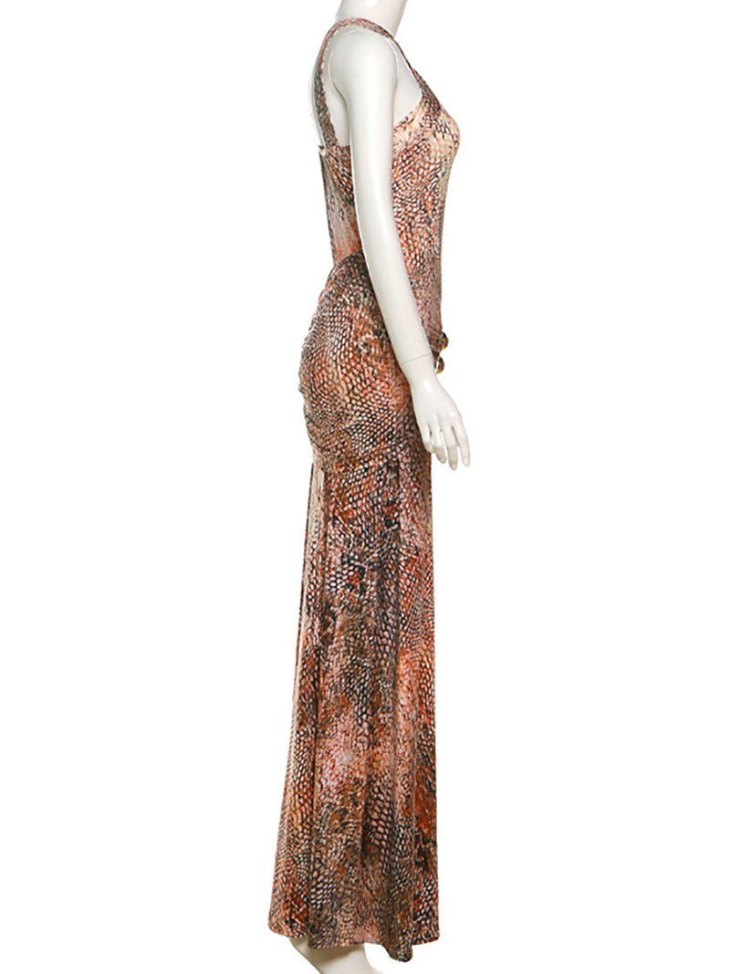 Fashion Pleated Print Sleeveless Maxi Dress