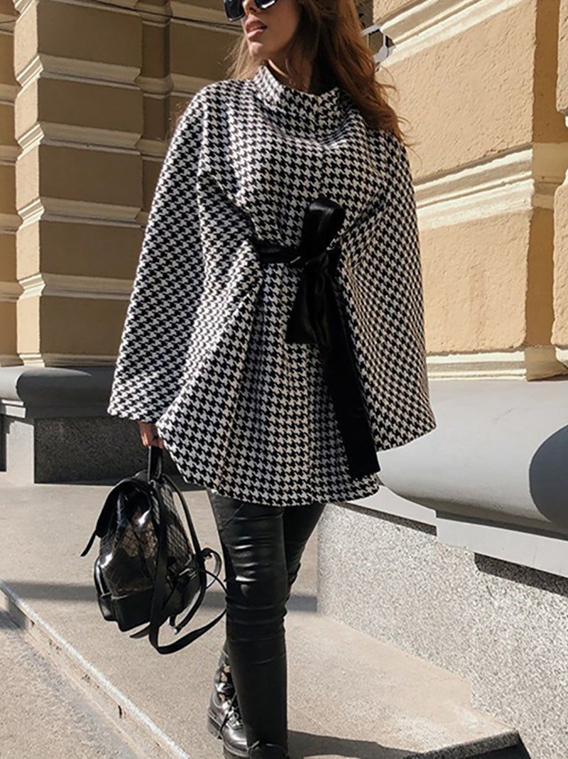 Houndstooth Tie Waist Cloak Trench Coat