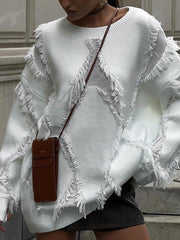 Fashion Round Collar Fringe Loose Pullover Sweater