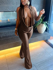 Fashion Sexy Cut-Out Halter Plunge Neck Jumpsuit