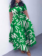 Elegant Lace-up Short Sleeve Print Dress
