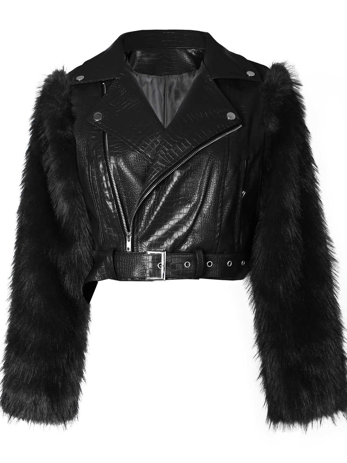 Faux Fur Sleeve Patchwork PU Leather Biker Jacket
