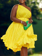 One Shoulder Lace-up Cinched Waist Pleated Midi Dress