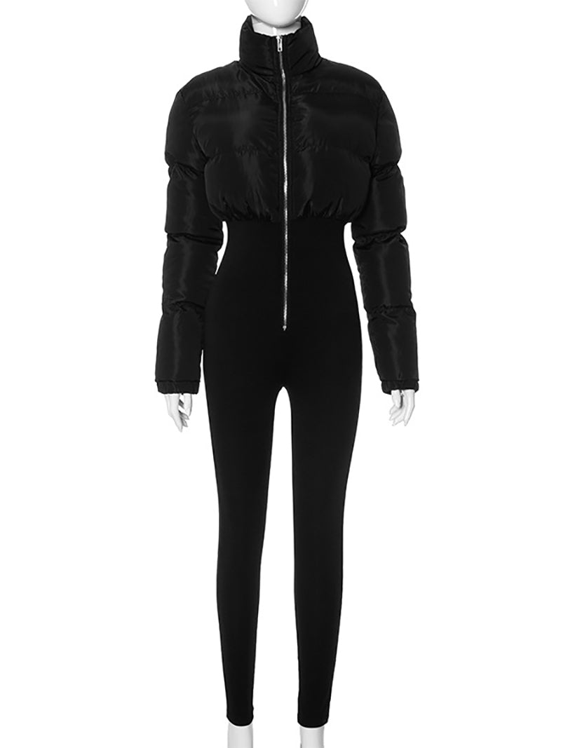 Sexy Warm Cotton Jacket Patchwork Tight Jumpsuit