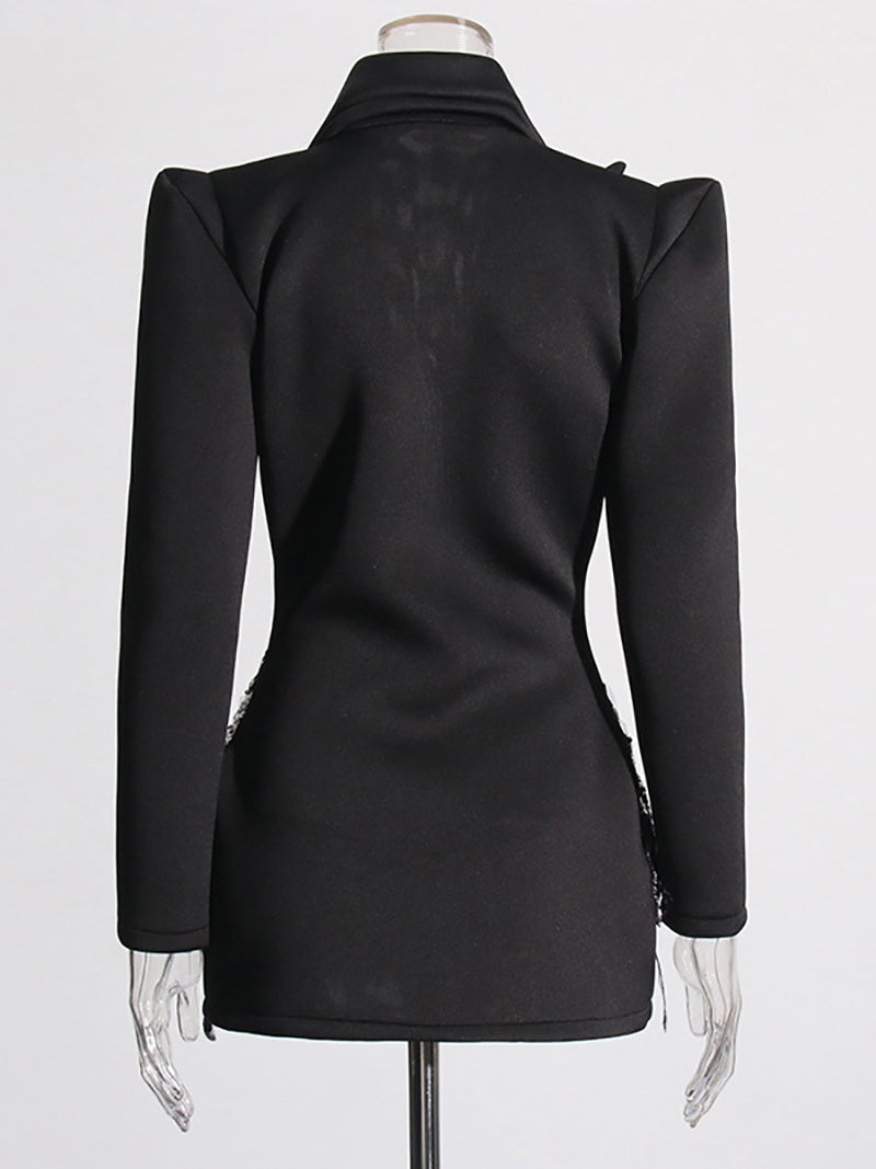 Lapel Rhinestone Faux Pearl Decor Zip Blazer Dress
