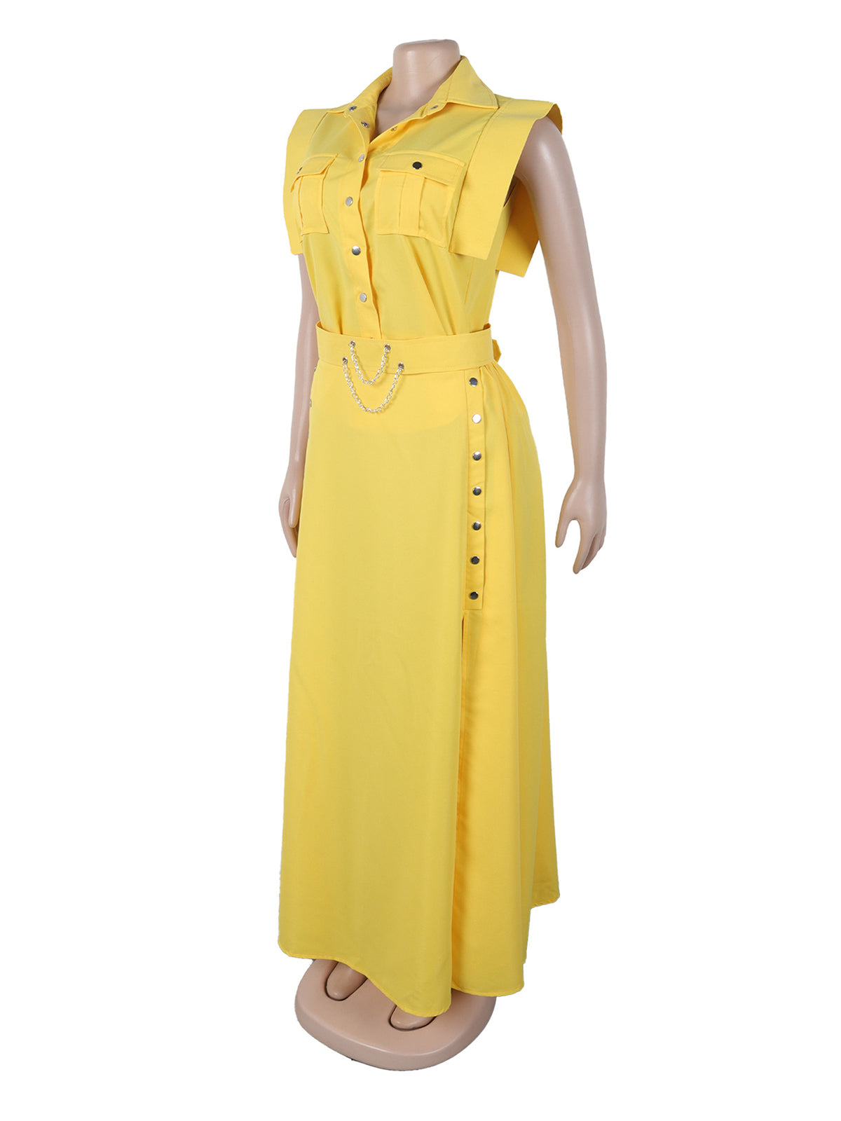 Elegant Sleeveless Shirt Top Slit Skirt Set