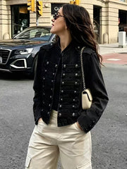 Military Button Trim Cropped Denim Jacket