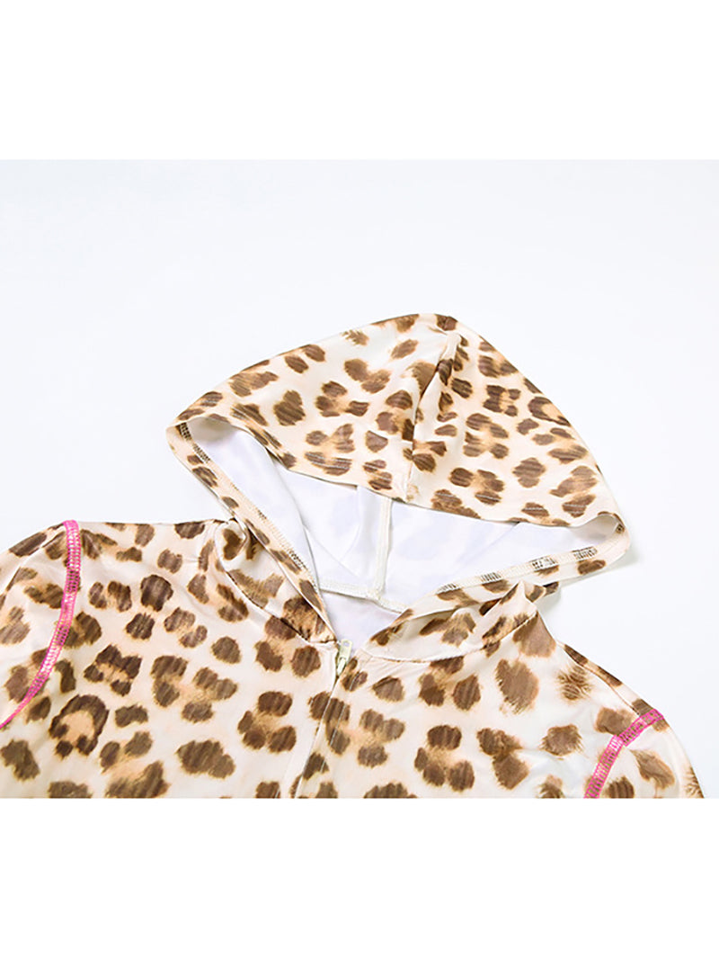 Fashion Leopard Print Hoodie Zipper Shorts Casual Set