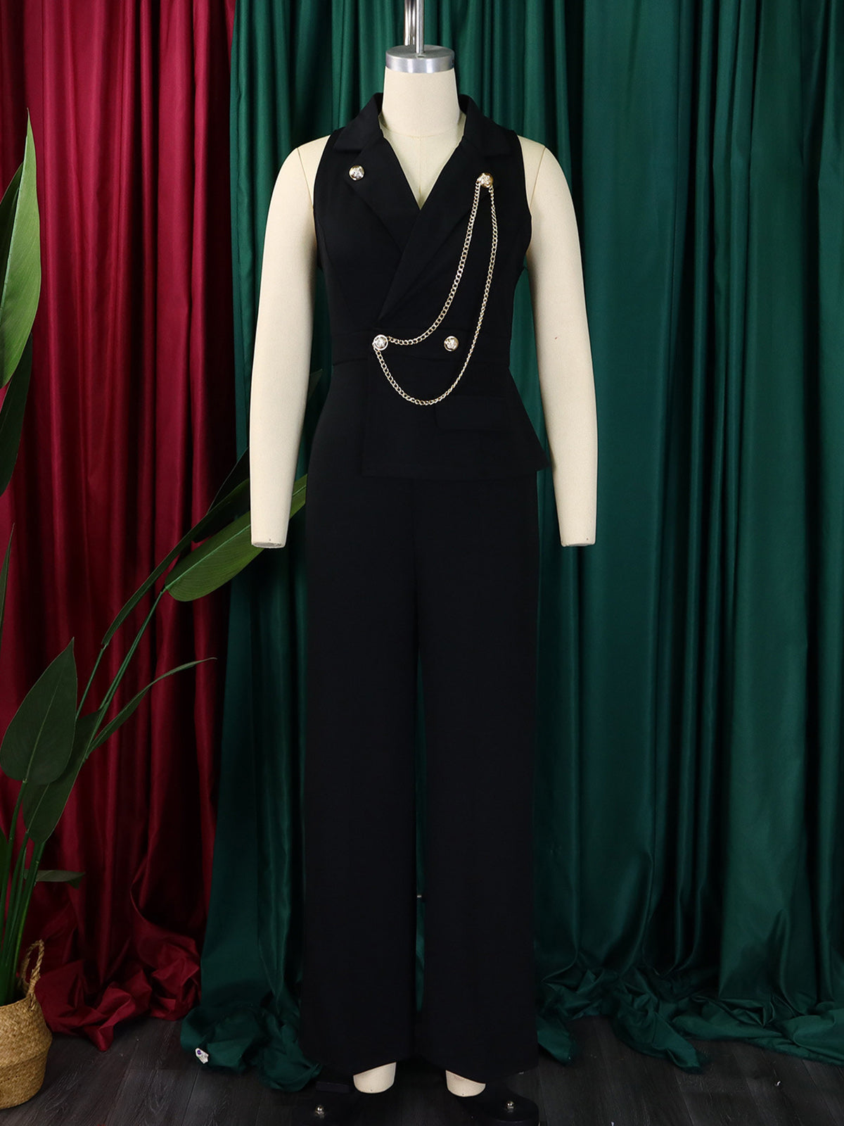 Elegant Lapel Sleeveless Chain Embellished Jumpsuit
