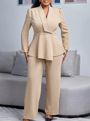 Chic Ruffled Top and Wide-Leg Pants Fashion Suit