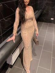 Sheer Rhinestone Long Sleeve Evening Gown