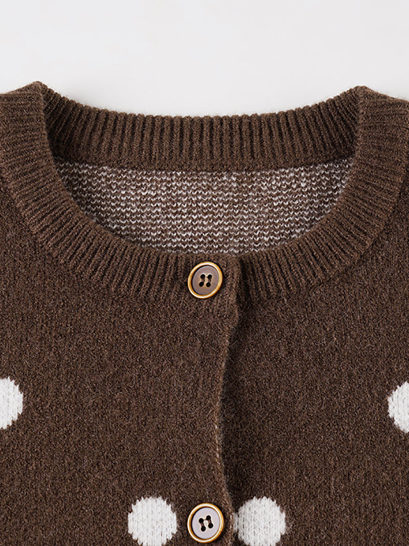 Fashion Round Neck Polka Dot Knit Cardigan Sweater