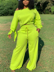 Tie Sleeve Crew Neck Top and Pants Set