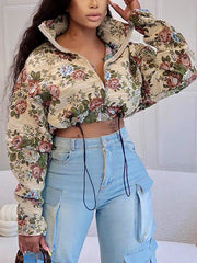 Fashion Floral Print Drawstring Cropped Jacket